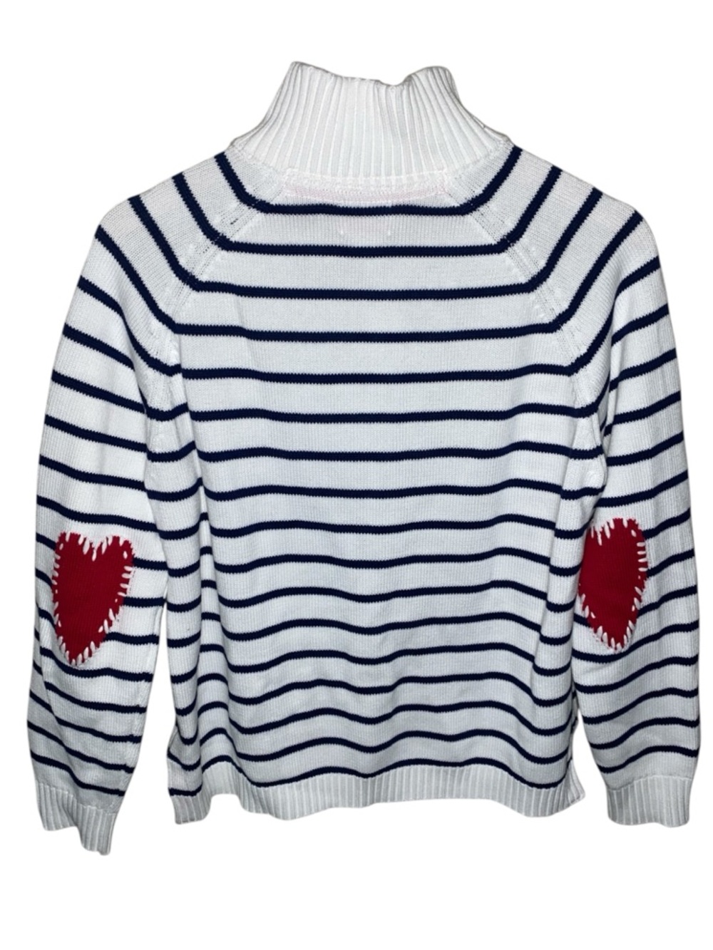 PINK PINEAPPLE 1/2 Zip Striped Cotton Sweater In White/Navy With Hearts on Elbow - Picture 3 of 5